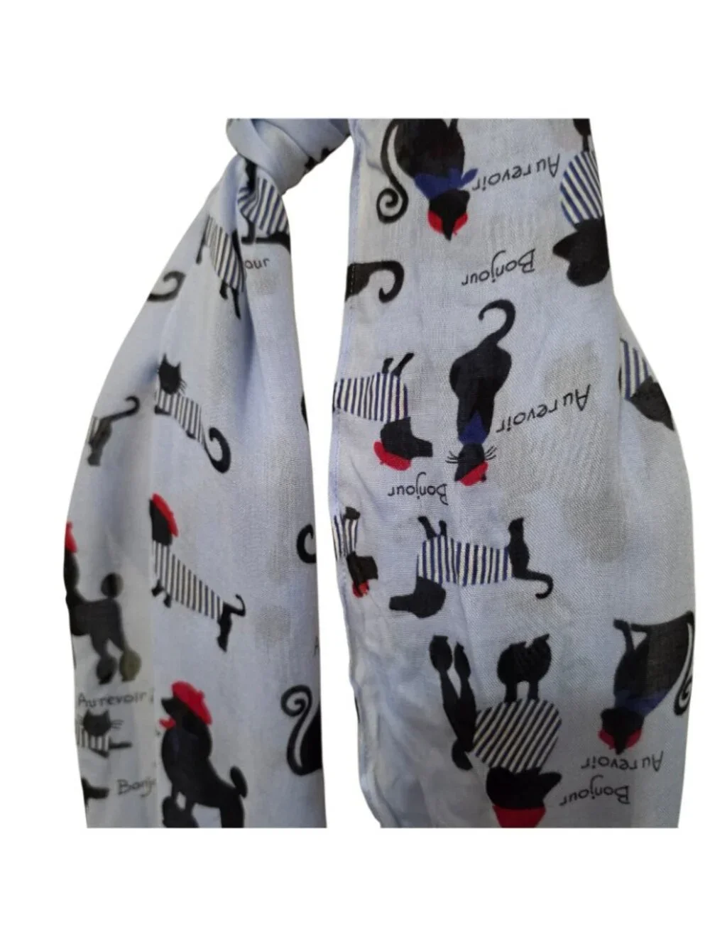 Talbots Paris Bonjour Au Revoir Dog Cat Print Scarf Blue Viscose Wrap Shawl